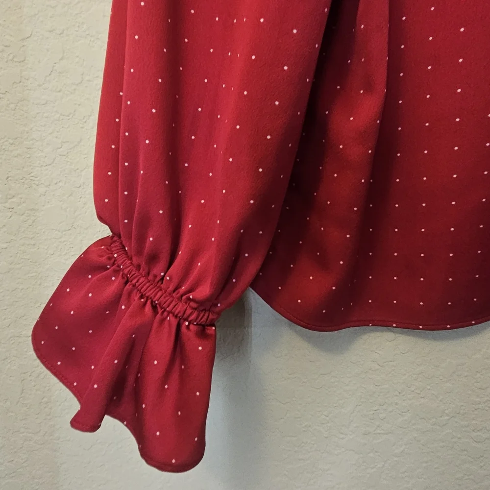 J. Crew Blouse‎ Womens Large Red White Polka Dot Ruffle Sleeve High Low Hem